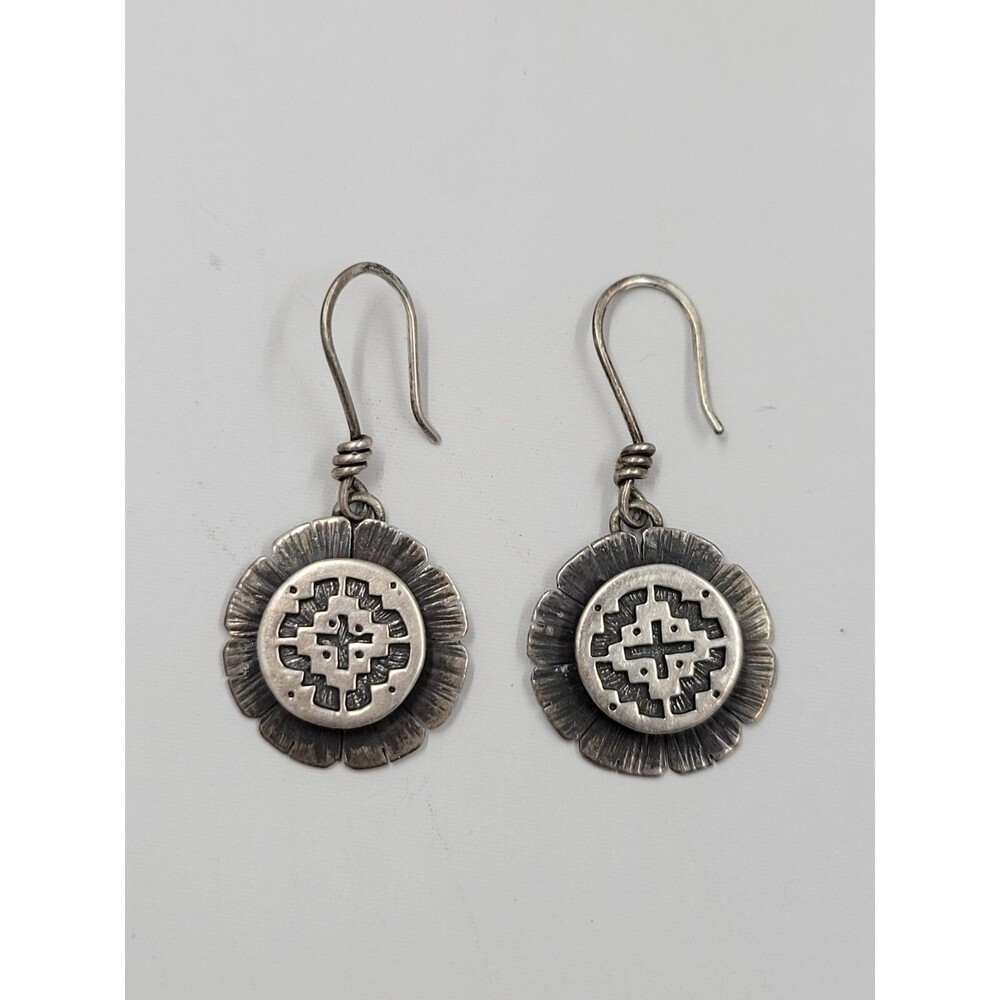 Navajo Native American Sterling Silver 925 Cross Flower Dangle Earrings Stamped